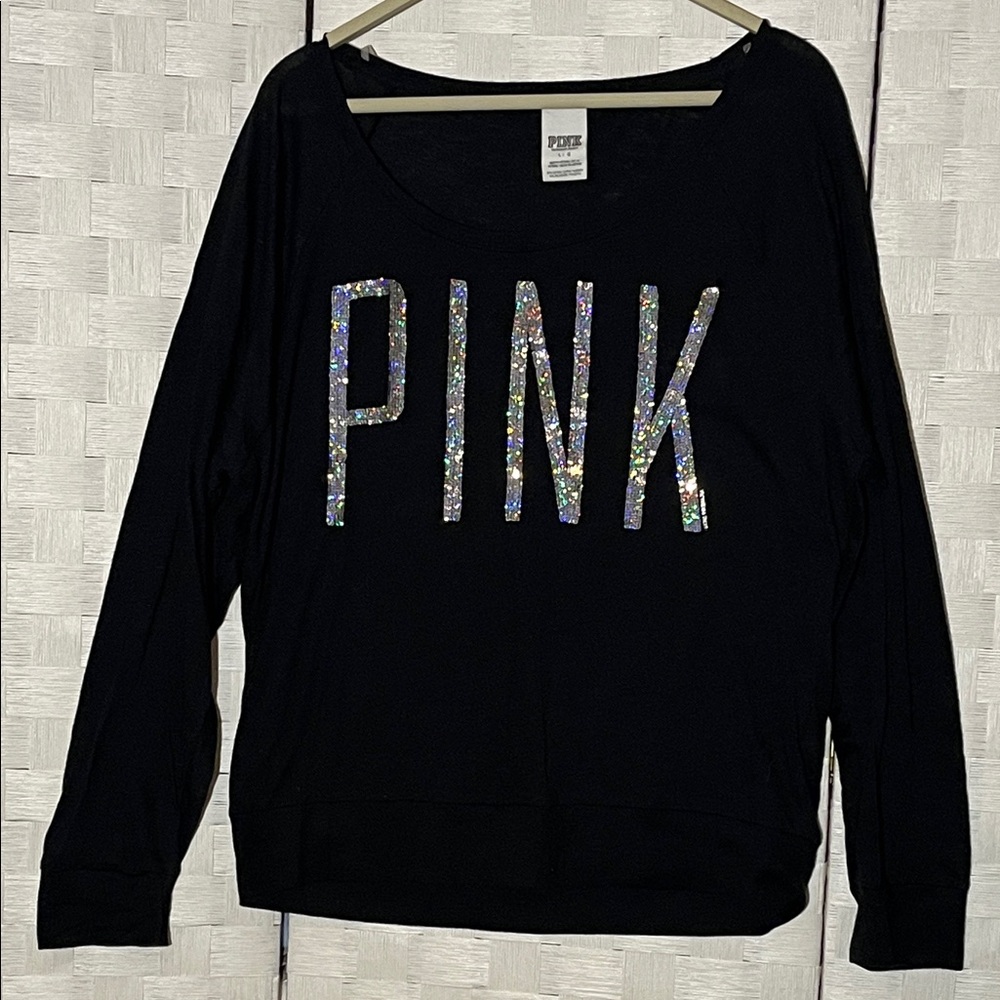 PINK Victoria's Secret Black Sequin Logo Sweatshirt